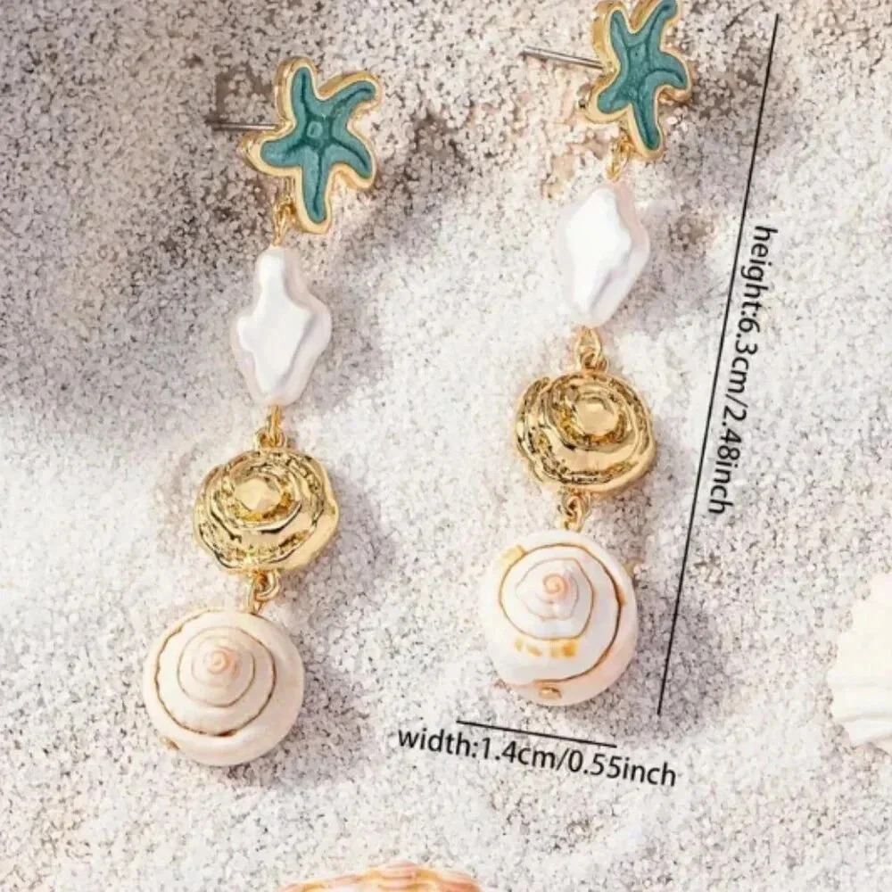 NWTs Gold Tone Beachy Boho Stud Style Drop Earrings - Starfish and Shell Charms - Picture 3 of 3